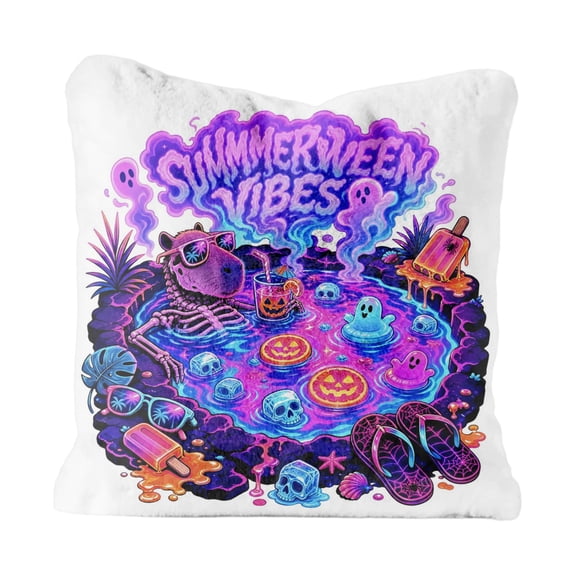 Summerween Decor Square Pillow Cover 18x18in, Retro Tropical Halloween Ghost Design Plush Throw Pillowcase, Comfort Couch Accent for Summerween Party Decorations