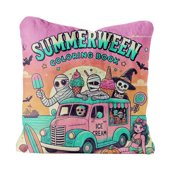 Summerween Decor Square Pillow Cover 18x18in, Retro Tropical Halloween Ghost Design Plush Throw Pillowcase, Comfort Couch Accent for Summerween Party Decorations