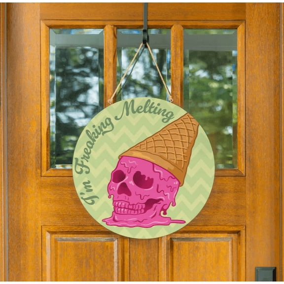 Summerween I'm Feeling Melting 11.8" Door Décor, Wooden Halloween Front Door Hanging Sign, Spooky Welcome Indoor Outdoor Wall Decor for Halloween Party