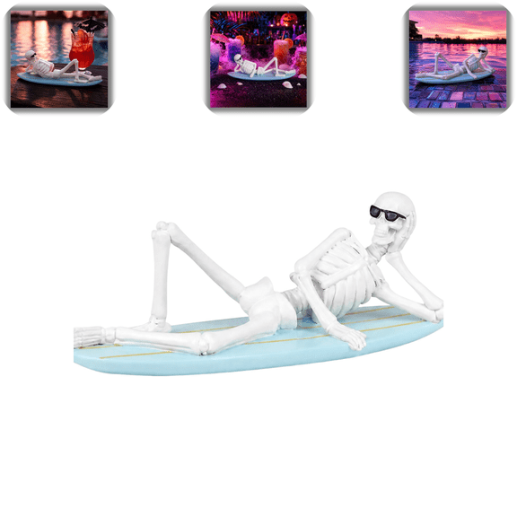 Summerween Funny Surf Skeleton Figurine, Hand Painted Surfboard Skeleton Statue Summer Pool Party Halloween Decorations for Porch Indoor Bedroom Office Farmhouse Cocktail Table Decor
