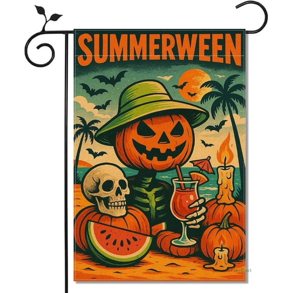 Summerween Garden Flag, 12x18 Inch Double-Sided Halloween Beach Decor, Waterproof Polyester Yard Banner