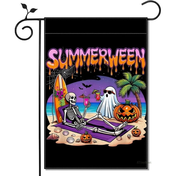 Summerween Garden Flag, 12x18 Inch Double-Sided Skeleton Ghost Beach Decor, Waterproof Yard Banner