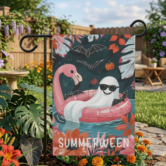Summerween Garden Flag, Ghost Flamingo Spooky Summer Decor