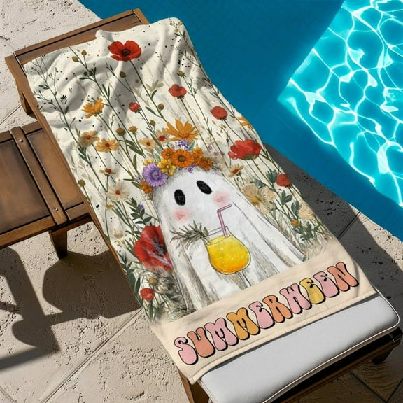 Summerween Ghost Beach Towel, Floral Ghost Bath Towel, Halloween Ghost Boo Pool Towel, Funny Summer Gift, Summer Beach Towel Spooky Gothic Halloween Towel 29X58in