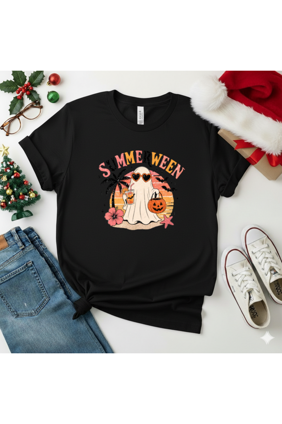 Summerween Ghost Beach Vibes Retro Sunset Halloween Unisex T-Shirt, S-5XL