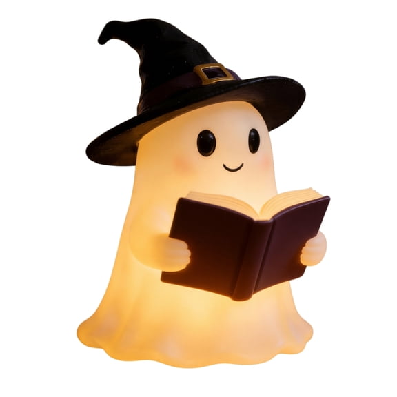 Summerween Ghost Reading Book Lamp, Ghost Lamp Halloween Cute 3D LED Night Light, Light Up Ghost Statue Night Light House Mantel Decor for Home C