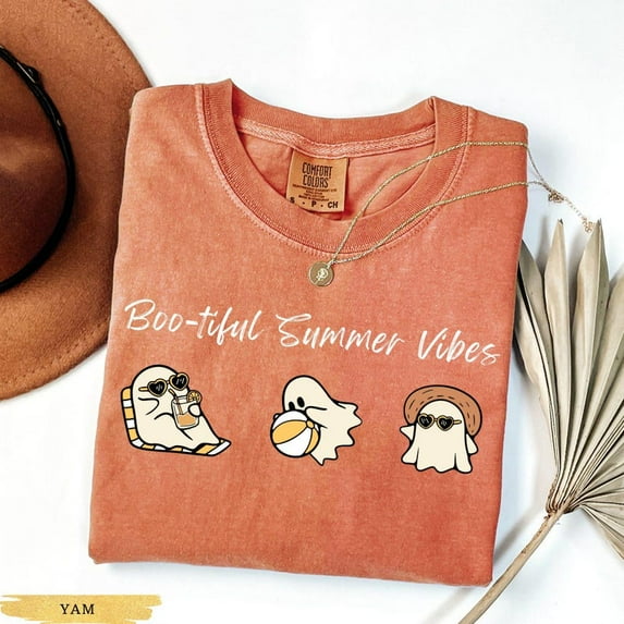 Summerween Ghost Shirt, Cute Kawaii Spooky Halloween Tee, Pastel Ghost Beach T-Shirt, Halloween Beach Shirt, Witchy Summer 200632