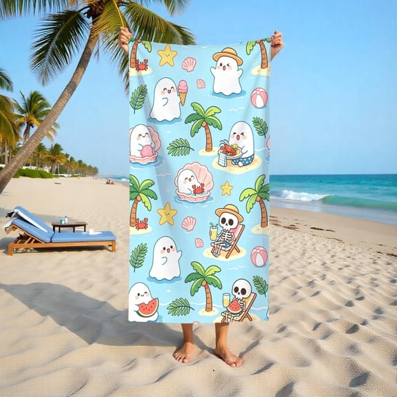 Summerween Ghost & Skeleton Beach Towel, Cute Chilling Ghost & Skeleton Print, Quick Dry Lightweight Towel for Beach Pool, Spooky Summer Vibes, 29x58in