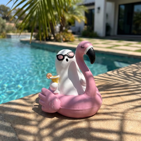 Summerween Ghost With Flamingo Pool Float Tabletop Decor Lightweight Compact For Halloween Home Party Decor