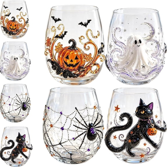 Summerween Glass Cups Set of 4, 3D Pumpkin Ghost Spider Web Black Cat Stemless Tumbler Bulk, Spooky Season Family Party Drinkware Kit, Complete Gothic Tableware, Clear Assorted, 4-Pack