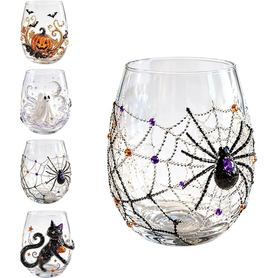 Summerween Gothic Glassware Cup, 3D Textured Spider Web Stemless Tumbler, Novelty Holiday Mocktail Glass, Dark Academia Style Home Coffee Bar Decor, Unique Gift, Glitter Spiderweb, 1-Piece