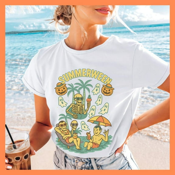 Summerween Halloween Beach Shirt, Funny Ghost Graphic Tee, Vampire Beach Goth Shirt, Spooky Summer Pool Party