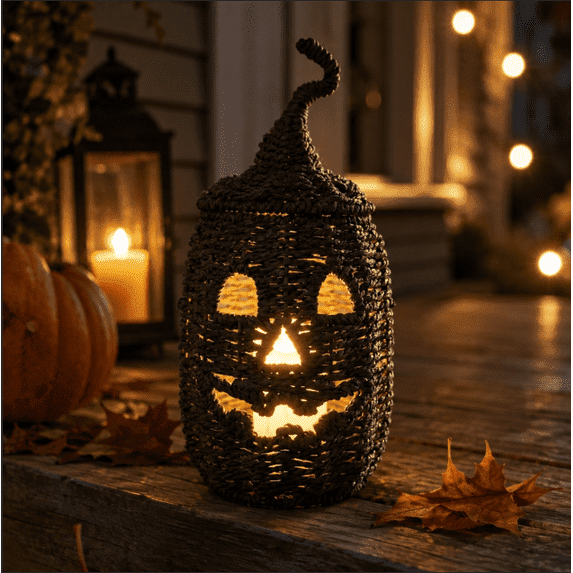 Summerween Halloween Black Woven Seagrass Pumpkin Storage Basket with Lid, Fall Indoor Home Decorations for Halloween Party Home Halloween Decor