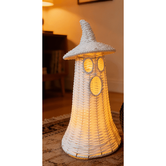 Summerween Halloween Ghost with Witch Hat , Rattan White Ghost Centerpiece with Witch Hat – Halloween Birthday Gift