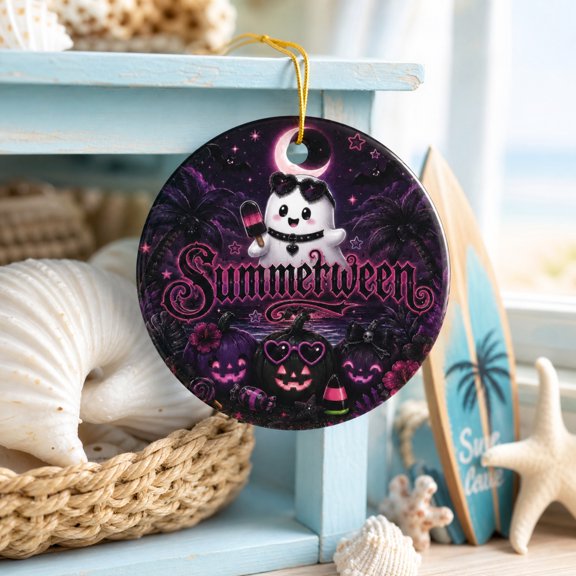 Summerween Halloween Hanging Decoration 3 Inch Ceramic Round Ornament Spooky Cute Ghost and Pumpkins Design for Home Tree Wall Indoor 1 Pack