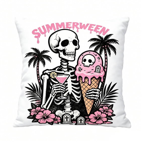 Summerween Halloween Pillow Cover 18 X 18 Inch Linen Throw Pillow Cover Pink Spooky Skeleton Print for Home Bedroom Living Room Outdoor Party Halloween Decor 1 Pack