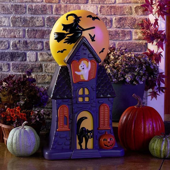 Summerween Haunted House Blow Mold Illuminated Decor, Full Character Design With Ghost, Cat And Witch Motifs, with LED,For Porch, Yard, Entry Table And Window Displays
