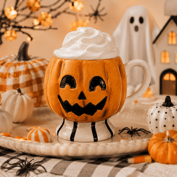 Summerween Jack O Lantern Mug Decor, Cute Pumpkin Cup with Faux Whipped Cream Style Top for Halloween Table, Shelf, Coffee Bar Display