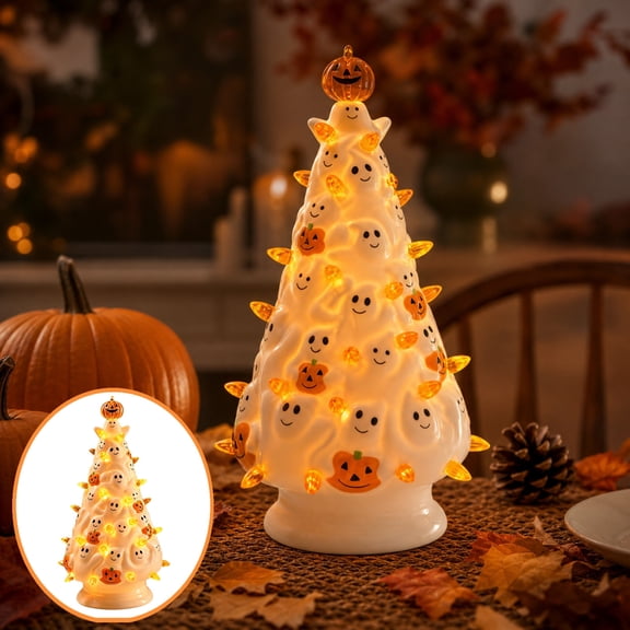 Summerween LED Ceramic Ghost Tree, 10 Inch Pre-Lit Glowing Tree with Embossed Ghosts & Lantern, Halloween Decor Lamp for Mantel Desktop Home Decor
