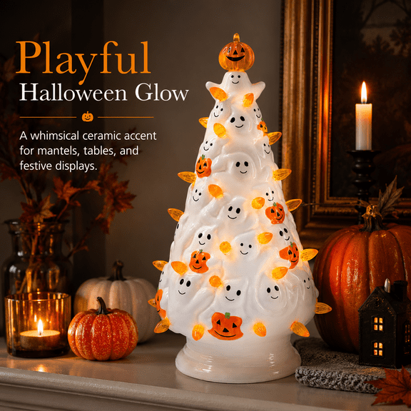 Summerween LED Ceramic Ghost Tree Glows With Playful Halloween Spirit Featuring Smiling Ghosts And Orange Lights For Mantel Or Table Display