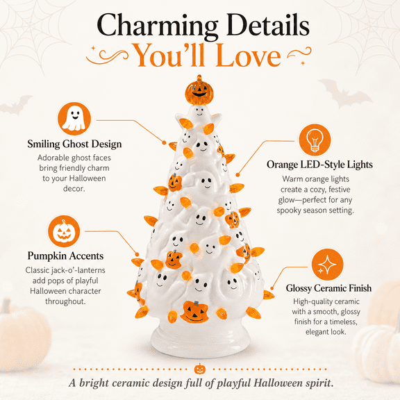 Summerween LED Ceramic Ghost Tree White Ceramic Tree With Smiling Ghost Faces Orange Pumpkin Accents And Warm LED Glow For Halloween Decor