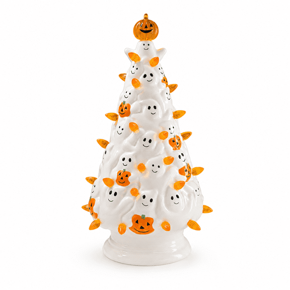 Summerween LED Ceramic Ghost Tree White Finish With Smiling Ghosts Orange Lights And Pumpkin Accents