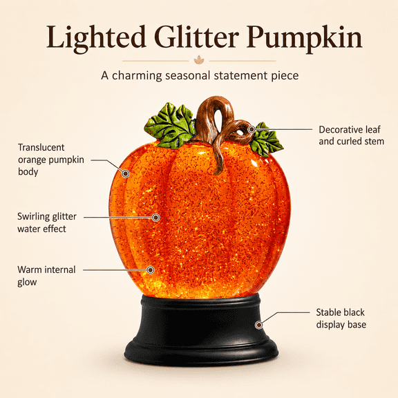 Summerween Lighted Flat Swirling Glitter Water Pumpkin Glowing Jack O Lantern Decoration with Shimmering Motion for Entryway and Home Styling