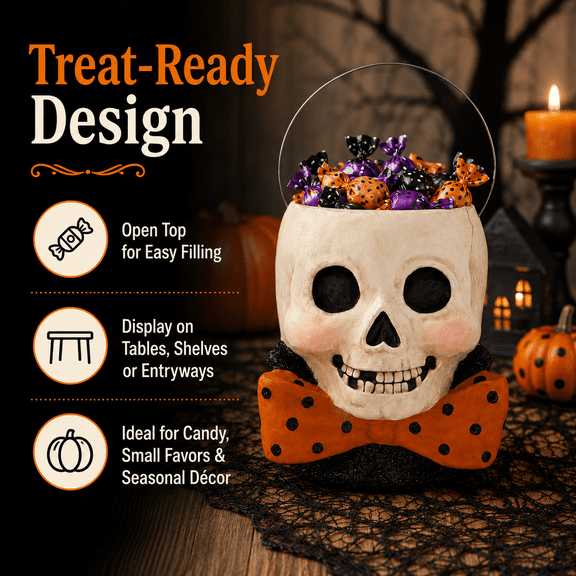 Summerween Mr. Albert Skully Bucket Vintage Inspired Halloween Skeleton Treat Holder with Glitter Polka Dot Bow Tie for Table Display