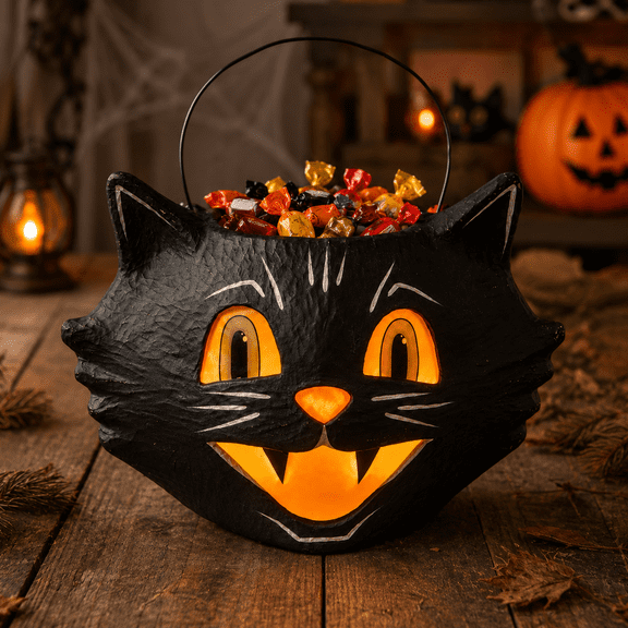 Summerween Mr. Cool Cat Bucket, Summerween Black Cat Paper Mache Candy Container with Glowing Face Style for Shelf Table Mantel Decor
