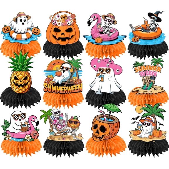 Summerween Party Decorations 12Pcs Honeycomb Centerpieces, Pumpkin Ghost Skull Table Decor, Summer Halloween Holiday Supplies