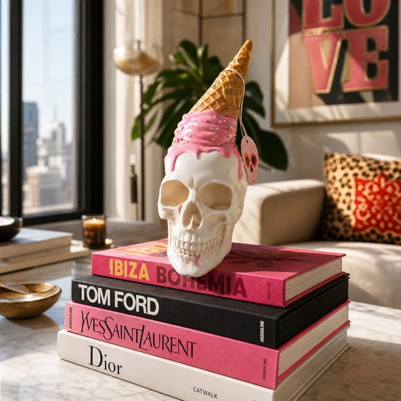 Summerween Pink Ice Cream Skeleton Resin Figurine, Pastel Gothic Spooky Cute Skull Collectible, Kawaii Horror Table Shelf Decoration for Summer Halloween Party Home Decor