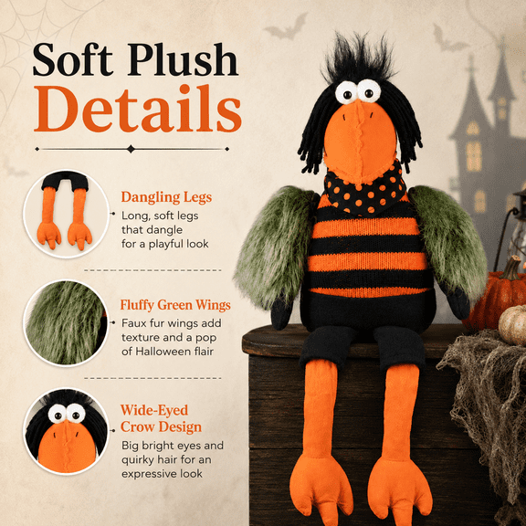Summerween Plush Sitting Crow Halloween Figure Cute Halloween Crow Decor with Black Orange Sweater and Green Wings for Home Party Seasonal Styling