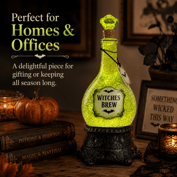 Summerween Poison Bottle Glitter Globe Lighted Witchy Bottle Decoration with Green Finish for Haunted Shelf and Party Table Styling