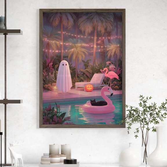 Summerween Pool Party Poster or Art Print Ghost and Black Cat Wall Art Spooky Cute Whimsigoth Decor Funny Halloween Tropical Goth Print