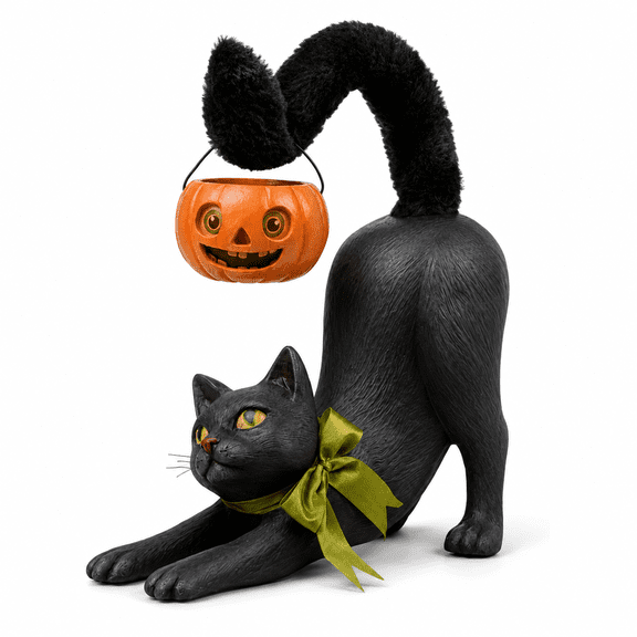Summerween Pumpkin Prowler Cat Halloween Black Cat Decor with Curling Tail Pumpkin Bucket, Vellum Face Inserts for Shelf Mantel Display