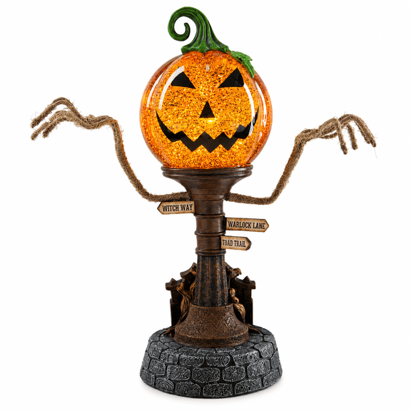 Summerween Pumpkin Street Post Glitter Globe Thoughtfully Designed To Be Beautiful While Off And Mesmerizing With Festive Glow When Turned On