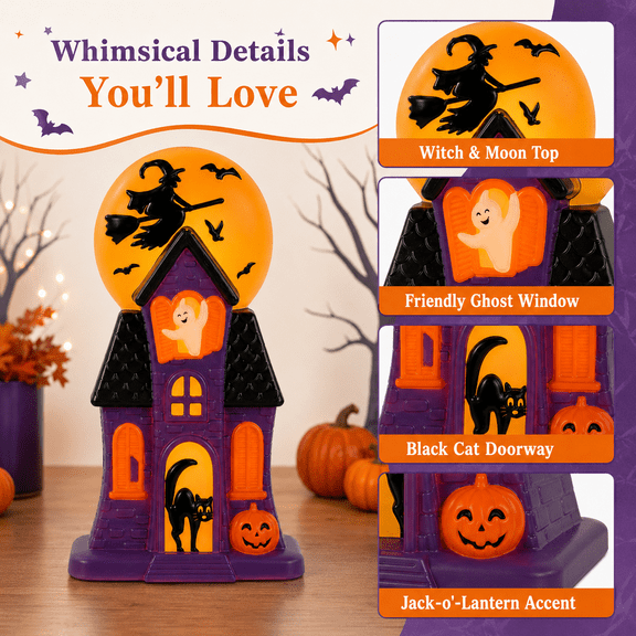 Summerween Purple Haunted House Blow Mold, Lighted Halloween Yard Decor with Witch Moon Ghost Cat Pumpkin Details and 2 C7 Bulbs Included