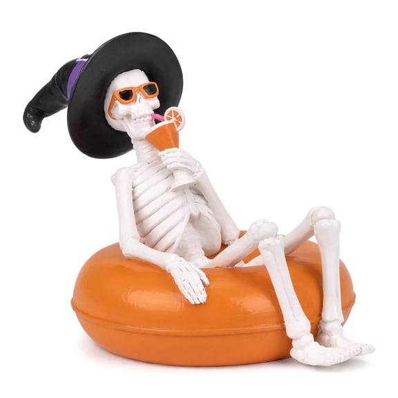 Summerween Relaxed Skeleton Statue, Witch Hat And Drink Accent, Lighthearted Tabletop Decor for Poolside Parties, Mantels and Home Accents