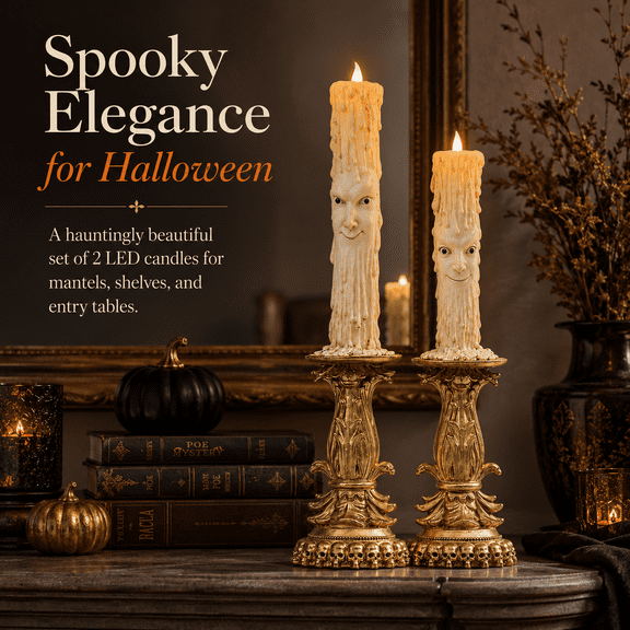 Summerween Set Of 2 Halloween Led Candles With Faces LED Candles With Carved Face Design Gold Tone Base Battery Powered Perfect For Mantel Table