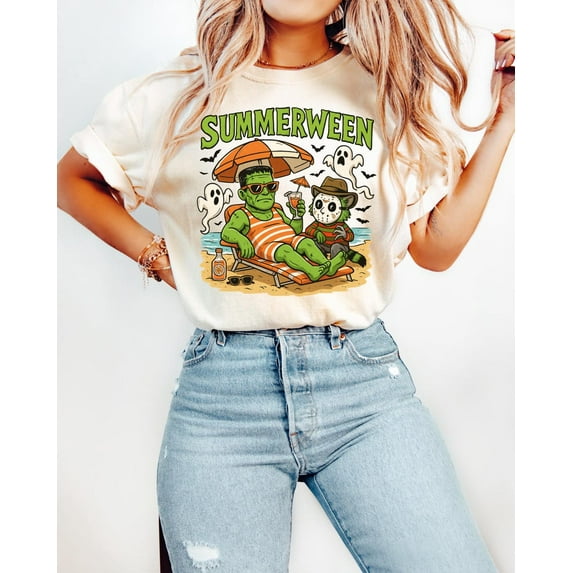 Summerween Shirt, Funny Halloween Summer Tee, Horror Character Graphic T-Shirt, Spooky Beach Skelly Shirt, Halloweener Gift for Adults