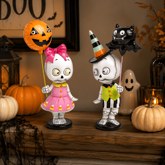 Summerween Skeleton Kids Set of 2, Vibrant Halloween Decorative Pair for Cute Spooky Home Decor, Shelf Styling, Desk, Party Table Display