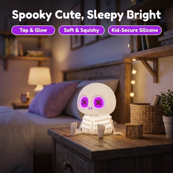 Summerween Skeleton Night Light, Silicone Skull Lamp, 8 Colors & 2-Level Adjustable Warm Light, Touch Control LED Bedside Lamp for Summerween Party, Halloween Decor,Christmas 1pc. Orange