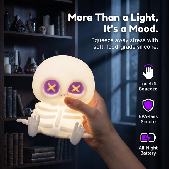 Summerween Skeleton Night Light, Silicone Skull Lamp, 8 Colors & 2-Level Adjustable Warm Light, Touch Control LED Bedside Lamp for Summerween Party, Halloween Decor,Christmas 1pc. Multicolor