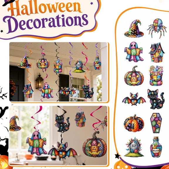 Summerween Spiral Streamers, Holiday Spiral Line, Die Cut Lightweight Board, For Front Porch Entryway And Patio Seasonal Decoration, 12 Cards With 12 Matching Strings