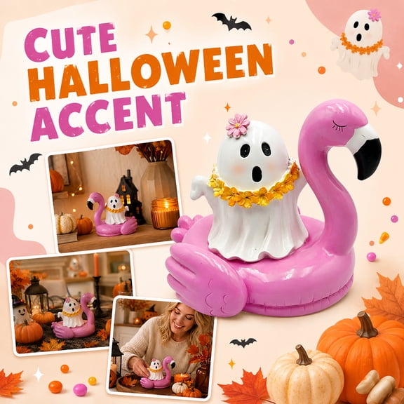 Summerween Spooky Decor, 9.8 Inch Ghost Riding Flamingo Pool Float Figurine, Here Lies Summer Design for Halloween Indoor Display