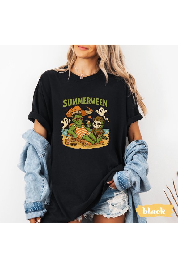 Summerween Summer-Ween Tsummerween Horror Characters Spooky Summer Tee, Halloweener, Year-Round, Beach Skelly