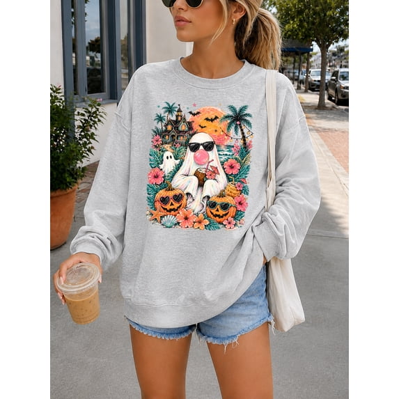 Summerween Sweatshirt, Tropical Halloween Ghost Crewneck, Beach Spooky Season Pullover, Cute Ghost Palm Tree Womens Sweatshirt