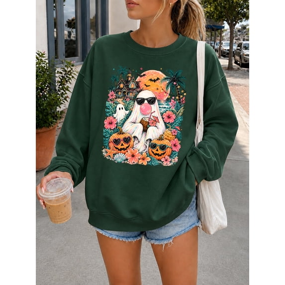 Summerween Sweatshirt, Tropical Halloween Ghost Crewneck, Beach Spooky Season Pullover, Cute Ghost Palm Tree Womens Sweatshirt