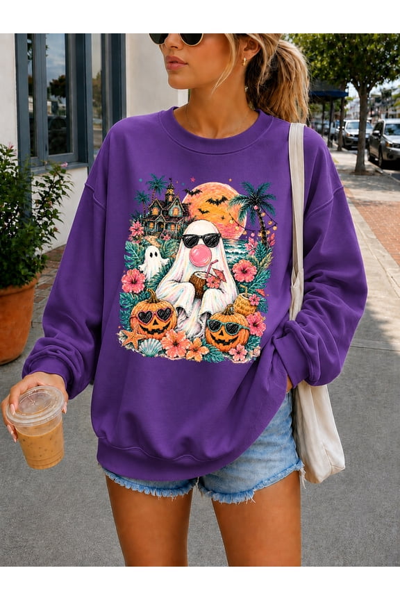 Summerween Sweatshirt, Tropical Halloween Ghost Crewneck, Beach Spooky Season Pullover, Cute Ghost Palm Tree Womens Sweatshirt