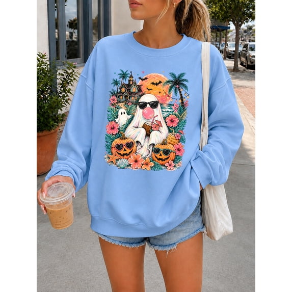 Summerween Sweatshirt, Tropical Halloween Ghost Crewneck, Beach Spooky Season Pullover, Cute Ghost Palm Tree Womens Sweatshirt